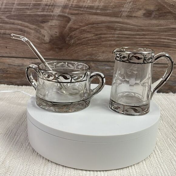 Glass Creamer & Sugar Bowl & Glass Spoon Sterling Silver Overlay&Etched Flowers - Picture 7 of 9